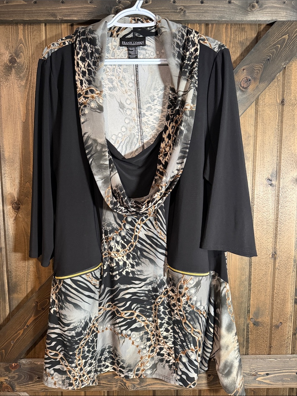 Frank Lyman Design Black and Animal Print Drape Neck Tunic 3/4 Sleeve